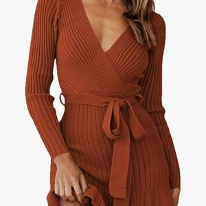 Elegant Rust Wrap Sweater Dress